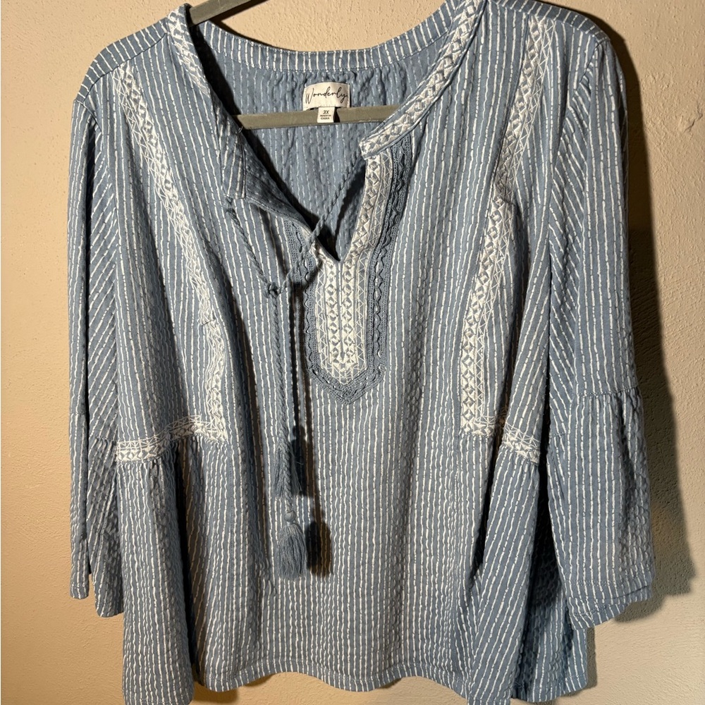 Wonderly Blue and White Swing Top with Bell Sleeves Split Neck and Tassel Ties - Picture 5 of 6